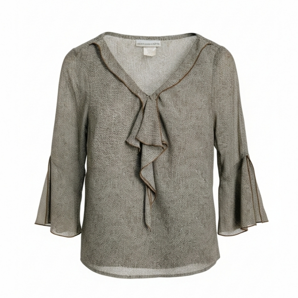 Sharon Young Chiffon Blouse Womens 8 Sage Green Animal Print Ruffle Sleeve Light